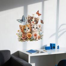 1pc Cute Cat Wall Decal, Colorful Butterfly & Floral Design, Removable Vinyl Wall Art, Perfect For Living Room, Bedroom, Office And Home Decor, Create Modern Aesthetic - Multicolor - View 5