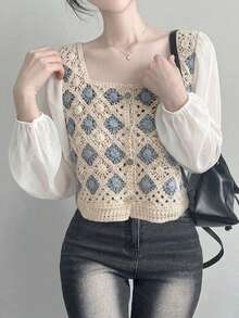 New Arrival Summer Casual Colorblock Crochet Patchwork Long Sleeve Cropped Shirt - Apricot - View 7