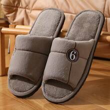 Fashionable New Comfortable Couple Slip-On Slippers, Warm Plush Closed Toe Slippers With Numeric Logo - Men's Slippers - View 14