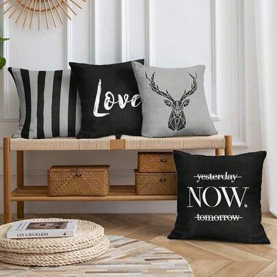 Bộ 4 vỏ gối vuông họa tiết sọc hươu, vỏ gối trang trí in một mặt bằng vải nhung ngắn, vỏ gối trang trí màu đen hình học (không kèm ruột gối).