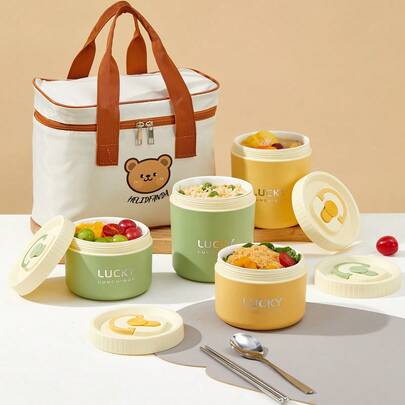 Double-Layer Insulated Ceramic Inner Lunch Box,Portable Thermal Bento Box With Lid & Handle, Microwave Allowable, Hot Water Heated Allowable, Sealed Leak-Proof Fruit Salad Food Container, Round Lunch Container Suitable For Students And Adults To Use In School, Office, Outdoor Picnics