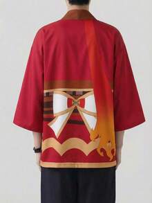 和服式印花七分袖睡袍，红色蝴蝶结宽松轻薄开衫 - 紅色 - 查看 3