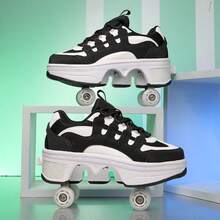Giày trượt patin 4 bánh vô hình dành cho thanh thiếu niên/người lớn, giày patin tự động thu gọn có dây buộc, chất liệu da PU. - màu đen - Xem 4