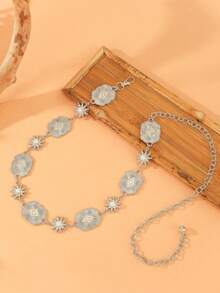 Vintage Silver Sunflower Waist Chain, Pearl Inlaid Cloud Waist Belt, Floral Print Bohemian Style Dress Accessory, Zinc Alloy - Cloud Kangqiao - View 2