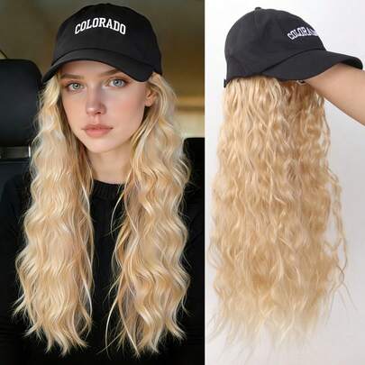 Hat Wig 22Inch Baseball Cap With Wave Curly Hairpiece For Women Halloween Party Costume Girl Daily Hair Style Wig - Gold