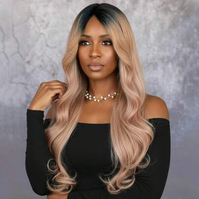 玫瑰金长卷发假发 | T型蕾丝合成假发 | 24英寸大波浪渐变玫瑰金假发，适合日常佩戴和节日装扮