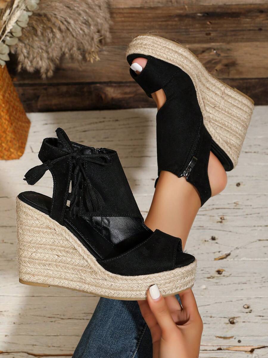 Velvet Fashion Button Closure Jute Rope Stylish Lightweight Wedge Heel Women Shoes