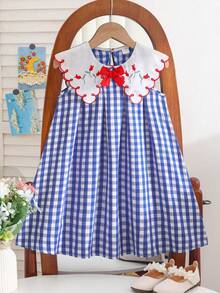 Girls' Summer Blue And White Checkered Sundress With A Large Wavy White Embroidered Collar, Red Satin Bow On The Front, Loose And Flowy Casual Fit - Blue - View 1