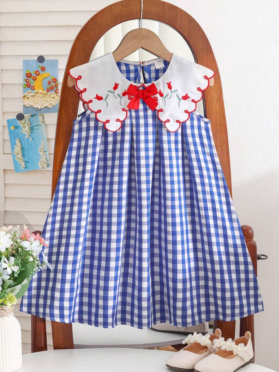 Girls' Summer Blue And White Checkered Sundress With A Large Wavy White Embroidered Collar, Red Satin Bow On The Front, Loose And Flowy Casual Fit - Blue - View 1