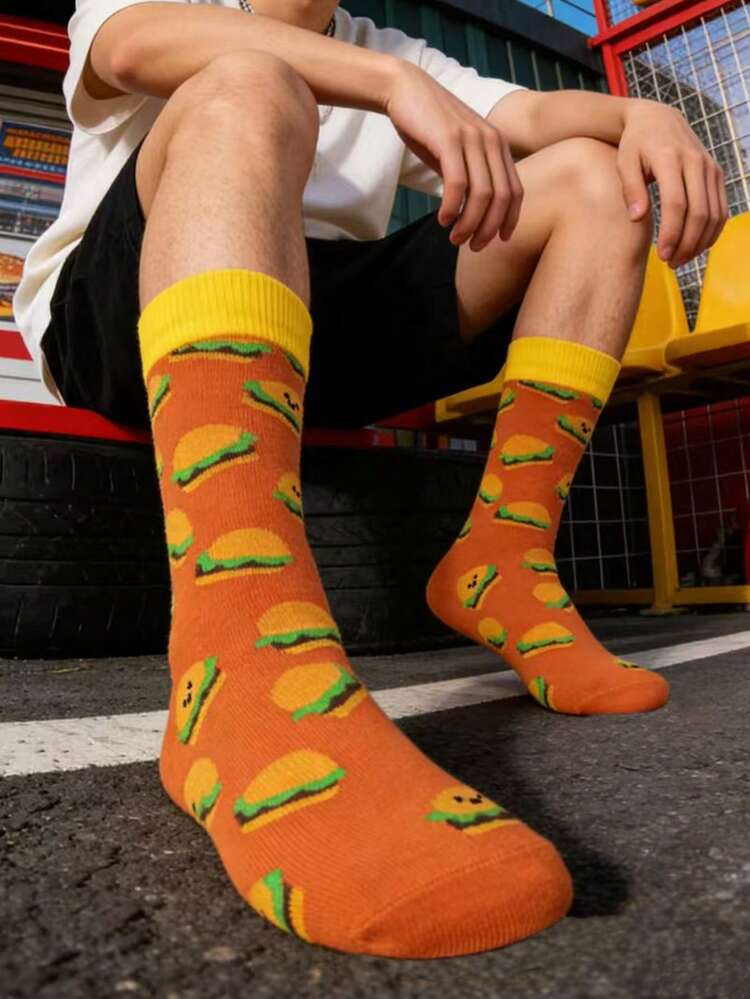 1 par de calcetines hasta el tobillo para hombres con diseño de hamburguesa, calcetines de alta calidad, transpirables, que absorben la humedad y cómodos para uso casual, deportivo y estilo callejero, adecuados para primavera, verano y otoño - Multicolor - Añade 3
