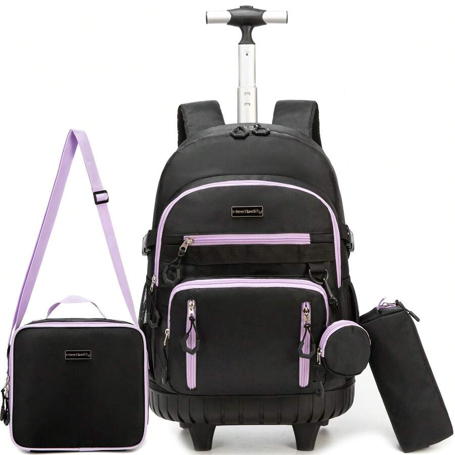 Set de 3 piezas de mochila con ruedas para niños, que incluye mochila para niñas, equipaje con ruedas para niños, bolsa de almuerzo y estuche de lápices, adecuado para estudiantes de escuela primaria - Mochila con ruedas - Ver 1