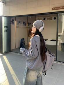 Sudadera holgada de manga larga con caída de hombros y patrón de letras, de color contrastante, para mujer, para primavera - Gris Oscuro - Ver 4