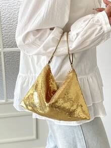 1个闪亮金色手提手拿包，亮面晚宴派对包，新款上市，适合派对、度假、海滩等场合 - 金色 - 查看 9