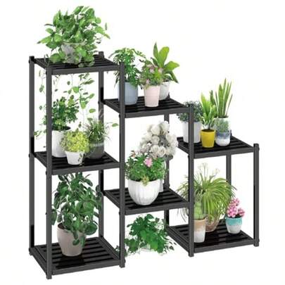 Simple Trending Plant Stand Indoor Outdoor Heavy Duty Metal Waterproof 7 Tiered Plant Shelf For Multiple Flower Planter Holder Tall Large Rack Black