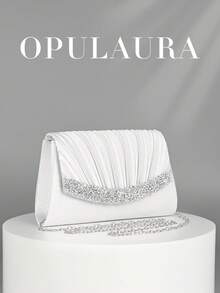 OpulAura 白色褶皱迷你手拿包，适合秋冬季节。闪亮水钻点缀，优雅时尚的信封式设计，专为女性打造，适合派对、婚礼、晚宴、毕业典礼等场合，是馈赠女性的理想礼物。 - 白色 - 查看 2