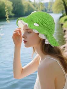 1pc Women Handmade Knitted Mushroom Hat, Cute Little Red Riding Hood Style, Warm Winter Casual Wear, Holiday Gatherings - 紅色 - 查看 7