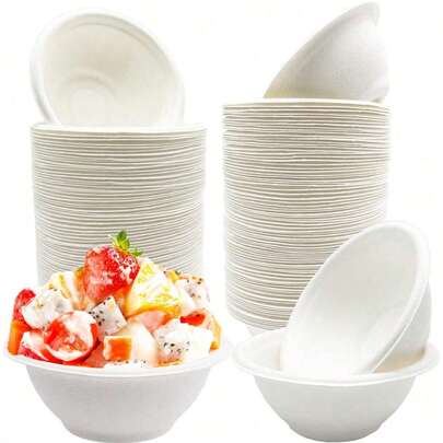 3/25/50/100pcs 350ml White Paper Bowls, Disposable Compostable Bulk Bowls, Bagasse Bowls, Heavy Duty Bowls, Suitable For Cereal, Snacks, Salad