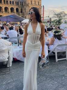 Halter Neck Evening Gown Open Back Draped Pleated Detail Bodycon Mermaid Maxi Formal Dress - Blanco - Ver 4