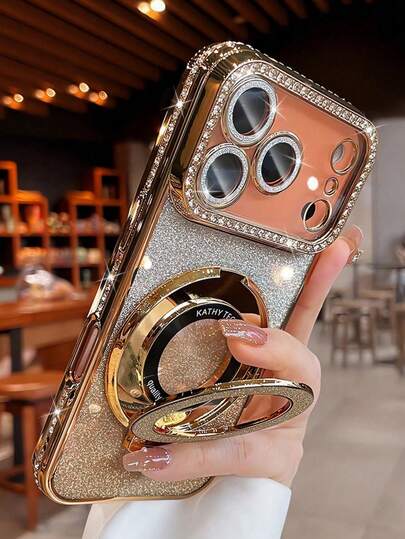 Ốp lưng điện thoại sang trọng lấp lánh đính đá, có vòng giữ camera, hiệu ứng chuyển màu, tương thích với iPhone 17 Pro Max Air 16 15 14 13 12 11 Pro Max XR X XS Max 8 7 6s Plus SE2 3 dành cho nữ, màu cam, bạc và hồng.