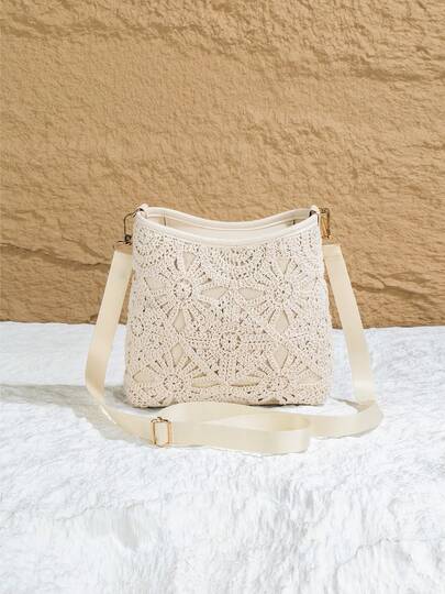 Sommar Boho Hollow Virkad Bucket Bag, Semesterstil Bomullsvävd Axelväska, Unik Design Axelväska För Dam, Present, Student