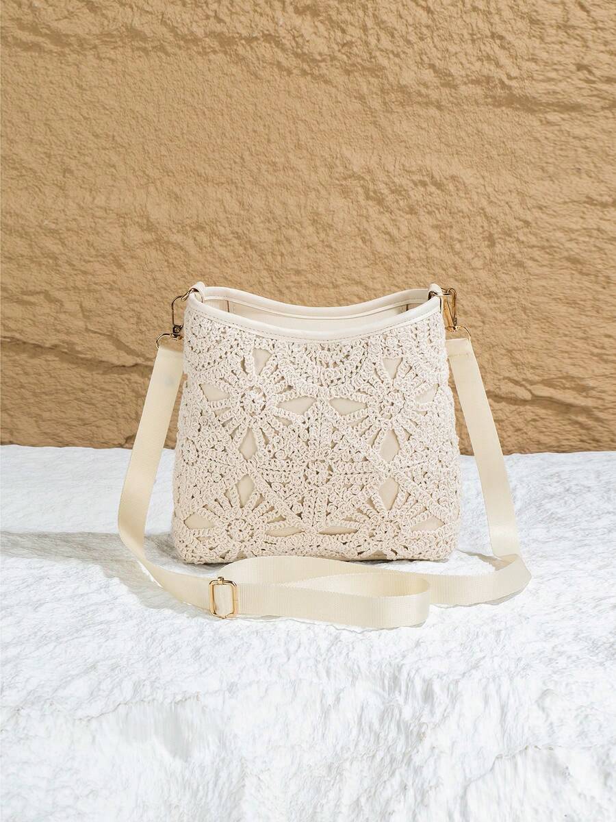 夏季波西米亚风镂空钩编水桶包，度假风棉质织带斜挎包，独特设计女士单肩包，礼物，学生款 - 米色 - 查看 1