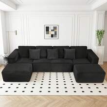 132" Cloud Couch, U Shaped Sectional Couch, Striped Corduroy Modular 6-Seater Sofa For Living Room Bedroom, Reversible Chaise, Free Configuration, No Assembly, Black - màu đen - Xem 2