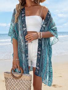 Summer Kimonos For Women Boho Floral Short Sleeve Flowy Cardigans Swimsuit Beach Cover Ups For Women - 湖藍色印花 - 查看 2
