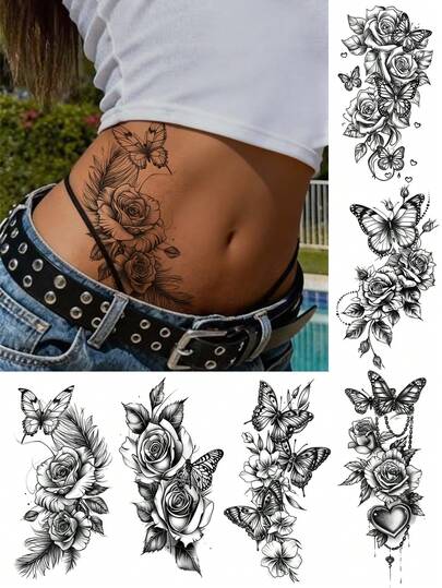 6pcs Flower Tattoo Stickers, Black Rose Pattern, Realistic & Durable Waterproof Fake Tattoo Stickers For Women, Arm Sketch Tattoo Stickers, Suitable For Daily Makeup, Festivals And Parties