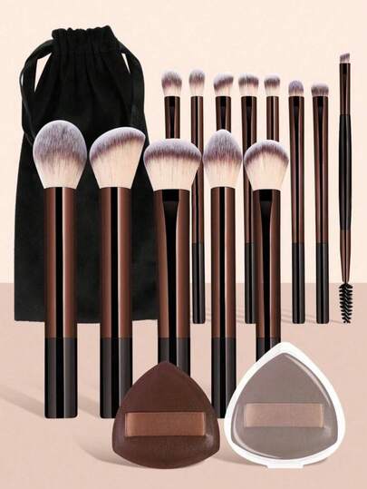 16pcs Professional Makeup Brush Set With 1pc Storage Bag, 13pcs Soft Aluminum Tube Makeup Brushes + 2pcs Makeup Sponges, Including Foundation Brush, Contour Brush, Blush Brush, Highlighter Brush, Eyeshadow Brush, Eyebrow Brush, Lash Brush, Shading Brush, Diffuser Brush, Ideal Gift For Women And Girls