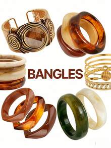 Random 21/16/8/6/4pcs Vintage Fashion Elegant Bohemian Vacation Style Daily Geometric Asymmetrical Blue Green Pink Colorful Acrylic Resin Marbled Bracelets Stacked Gold-Tone Wide Plain Carved Hammered Texture Bracelet Set Y2K Cute Jewelry Accessories Suitable For Women's Daily Beach Party Birthday Wear (Resin Pattern Random) - Multicolor - View 3