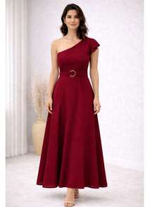 Elegant One-Shoulder Viscose Linen Long Dress For Parties - Burgundy - View 2
