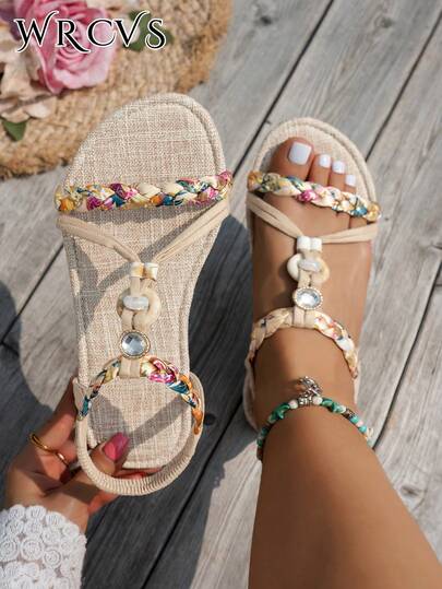 WRCVS Sandalias de ancho amplio en beige, sandalias planas tejidas a mano con cuentas, adecuadas para fiestas, playa, vacaciones, con estampado floral aleatorio
