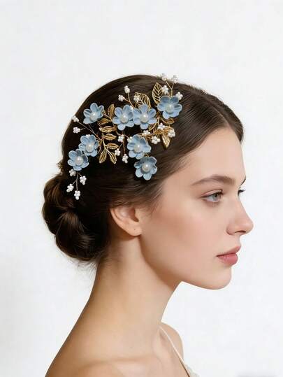 1件复古印花锌合金金叶发梳头饰，手工新娘发饰，花朵发夹，新娘首饰，四季皆宜