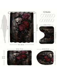 Bộ 4 món, Nghệ thuật đầu lâu, Hoa hồng tang lễ. Rèm ngăn phòng tắm cao cấp, Vải polyester 90G/M², Thảm nhà vệ sinh dày 10mm, Bộ 3 món, Rèm tắm kèm 12 móc, 71X71 inch [A123]. - Nhiều màu - Xem 9