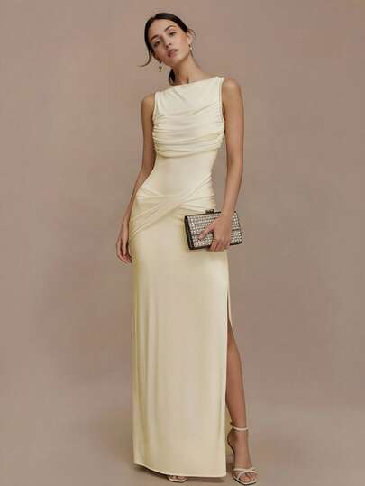 1pc Women's Casual Elegant Sexy Formal Evening Party Wedding Anniversary Music Festival Romantic Date Sleeveless Round Neck Sexy Open Back High Slit Apricot Mesh Patchwork Maxi Dress Irregular Resort Wear Tall Slim Fit European Style Sophisticated Formal Gown