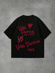 White 1pcs Women's Double-Sided Printing Von Dutchh Heart Logo With Key And Year 1999 Fabric Soft & Skin-Friendly Unisex Style Gifts For Spring Festival, Valentine's Day, St. Patrick's Day & World Cup-Van Dutch Dragon Print Women T Shirt Classic Americana Style Graphic Tee - 黑色 - 查看 3