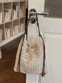 1 chiếc túi tote dệt thủ công bằng cotton, thoáng khí, có móc len, đính hạt cườm và tua rua, kiểu dáng Bohemian, có lớp lót vải, tạo cảm giác thoải mái, phù hợp đi làm hàng ngày, phong cách nghệ thuật trẻ trung, đi biển, dã ngoại. - Màu be - Xem 3