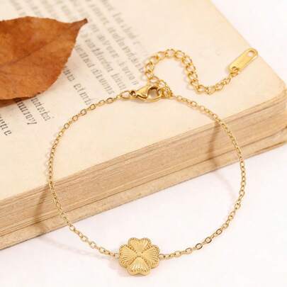 18K镀金纹理花朵手链，波西米亚风金色夏季海滩度假不锈钢精致可调节链条手链，女士款