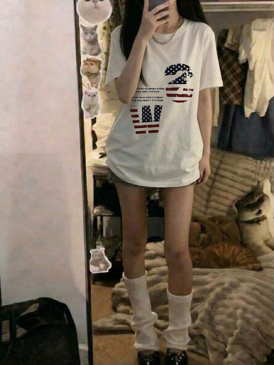 美式星星印花圖案 T恤 復古國旗字母印花 白色 T恤 Y2K 街頭風休閒女款短袖上衣 夏季 - 白色 - 查看 1