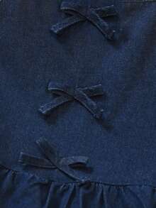 2pcs/Set Tween GirlsFashionable Denim Outfit, Includes Bowknot Camisole Top And Wide Leg Jeans Pants, Summer - Dark Wash - View 3