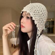 Women's Oversized Handmade Crochet Beanie Hat, Lightweight Breathable Hollow Out Knitted Hat With Tassel, Sweet Slouchy Design Cap For Summer Outdoor Activities - 花朵流蘇-米色(花朵顏色隨機) - 查看 8