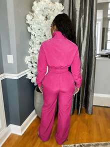 European And American Fashion Women's Woven Contrast Stripe Top And Wide Leg Elastic Waist Sports Pants 2 Pieces Set Spring - Hot Pink - View 2