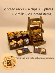 OBOVAY 1 Set Mini Estante para Pan + Comida + Plato + Clip, Estante para Pan Vertical, Estante para Pan de Gabinete, Comida en Miniatura Exquisita, Modelo en Miniatura de Pan, Modelo de Decoración Pequeña de Pan y Postre de Resina, Adecuado para Decoración de Casa de Muñecas, Pequeño Regalo para Pastelería, Estilos de Comida Aleatorios - Multicolor - Ver 20