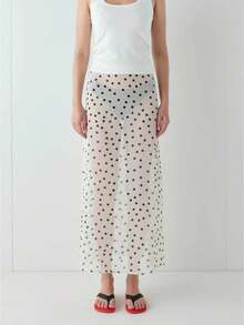 Women Polka Dot Sheer Midi Skirt Y2k See Through Low Rise Long Skirt Flowy Mesh Cover Up Maxi Skirts Summer Beachwear Going Out - 白色 - 查看 1