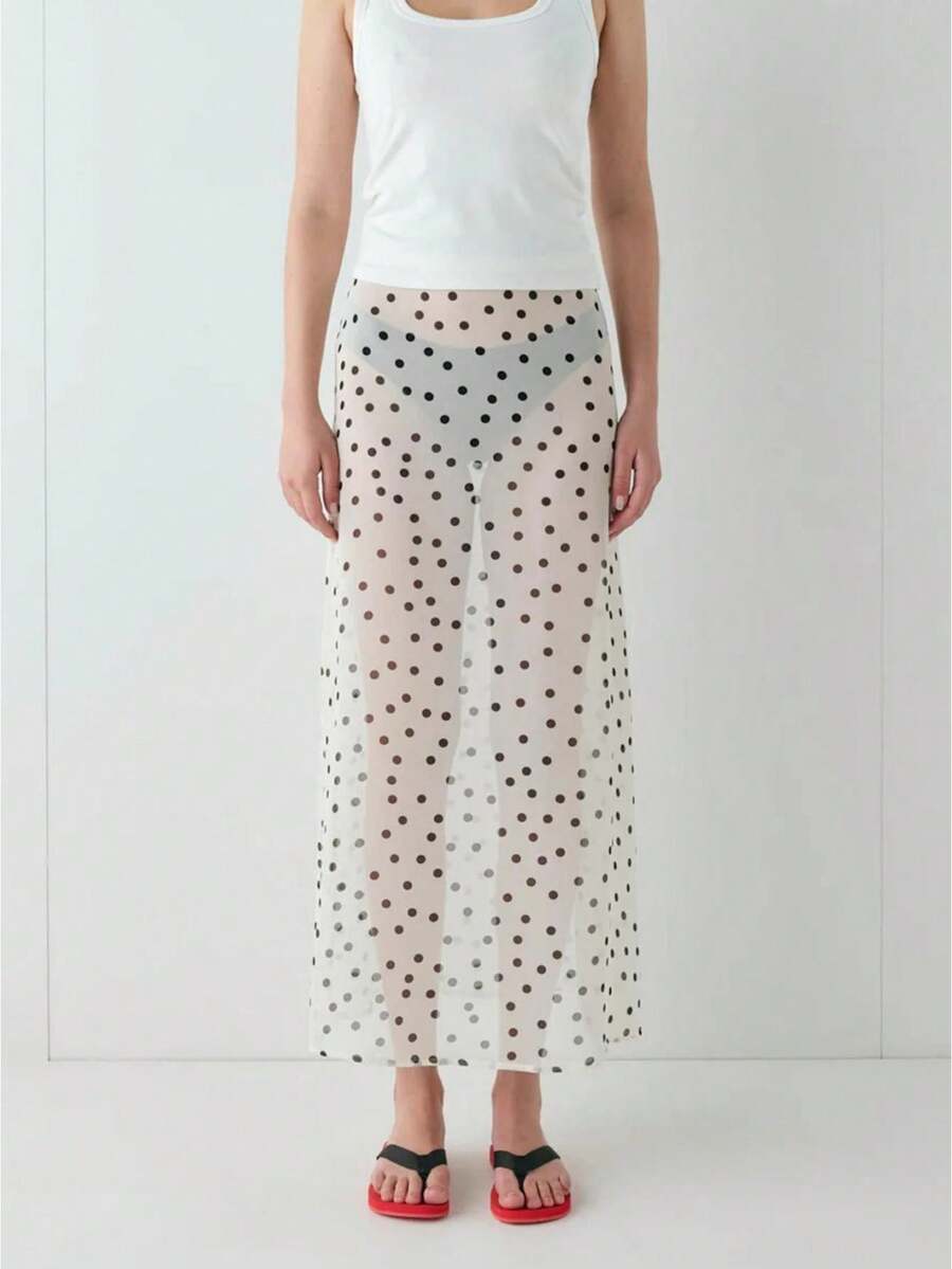Women Polka Dot Sheer Midi Skirt Y2k See Through Low Rise Long Skirt Flowy Mesh Cover Up Maxi Skirts Summer Beachwear Going Out - 白色 - 查看 1