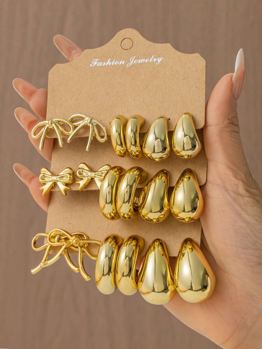 6-18pcs Women's Fashion CCB Lightweight Earring Set, Butterfly, C-Shape And Teardrop Designs, Multi-Style Earring Set To Meet All Women's Daily Wear Needs - Gold - View 1