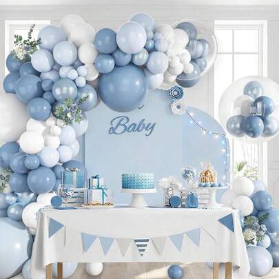 128pcs Dusty Blue Balloons Arch Garland Kit, Light Blue And White Balloon Arch Kit Pearl Pastel Blue Clear Balloon For Wedding Birthday Babyshower Bridal Gender Reveal Party Decorations
