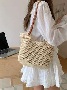 2024 New Arrival Women's Bag, Woven Beach Bag, Versatile Shoulder Bag For Beach Vacation Or Commuting School Tote Bag, School Bookbag, Portable, Foldable, Business Casual, Suitable For Teen Girls Women, Vacation Essentials, Perfect For Summer, Vacation & Beach, Newest Holiday Bag, Hottest Beach Bags ,Vacation Essentials - 杏色 - 查看 7