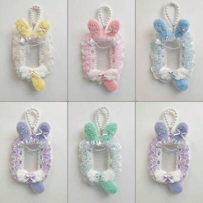 1 chiếc ví đựng ảnh/thẻ ảnh ren dễ thương mới, có dây đeo, trang trí tai và cánh thỏ bằng vải nhung thủ công, vừa ảnh chụp nhanh 3 inch, hộp đựng thẻ sưu tập ngôi sao Anime/Kpop Kawaii, phụ kiện phong cách Lolita.