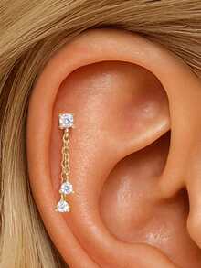 SereneSpark 1Pc 925 Sterling Silver Classic Geometric Elements Cubic Zirconia Tassel Stud Earring Flat-Back Dainty Cartilage Helix Tragus Lobe Piercing Suitable For Women For Daily, Dates, Vacation, Wedding, Party, Holiday Gift - Gold - View 9